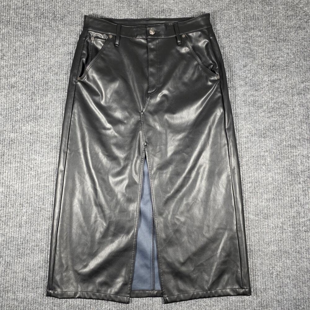 NWT Rag & Bone Black Faux Leather Midi Skirt Front Slit High Rise Size 29